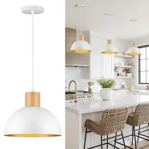 White Pendant Light, Wood Dome Pendant Lights Fixtures Adjustable Modern Hanging Lighting, for Kitchen Island Dining Room Farmhouse Sink Bar Restaurant