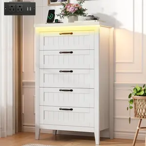 Modern Dresser With Charging Station LED Lights Fluted Chest Of Drawers Wood Clothing Storage Organizer 3/5/6/8 Drawer Nightstand Media Console TV Stand Storage Cabinet For Bedroom Living Room Closet Apartment White Black Grey Oak