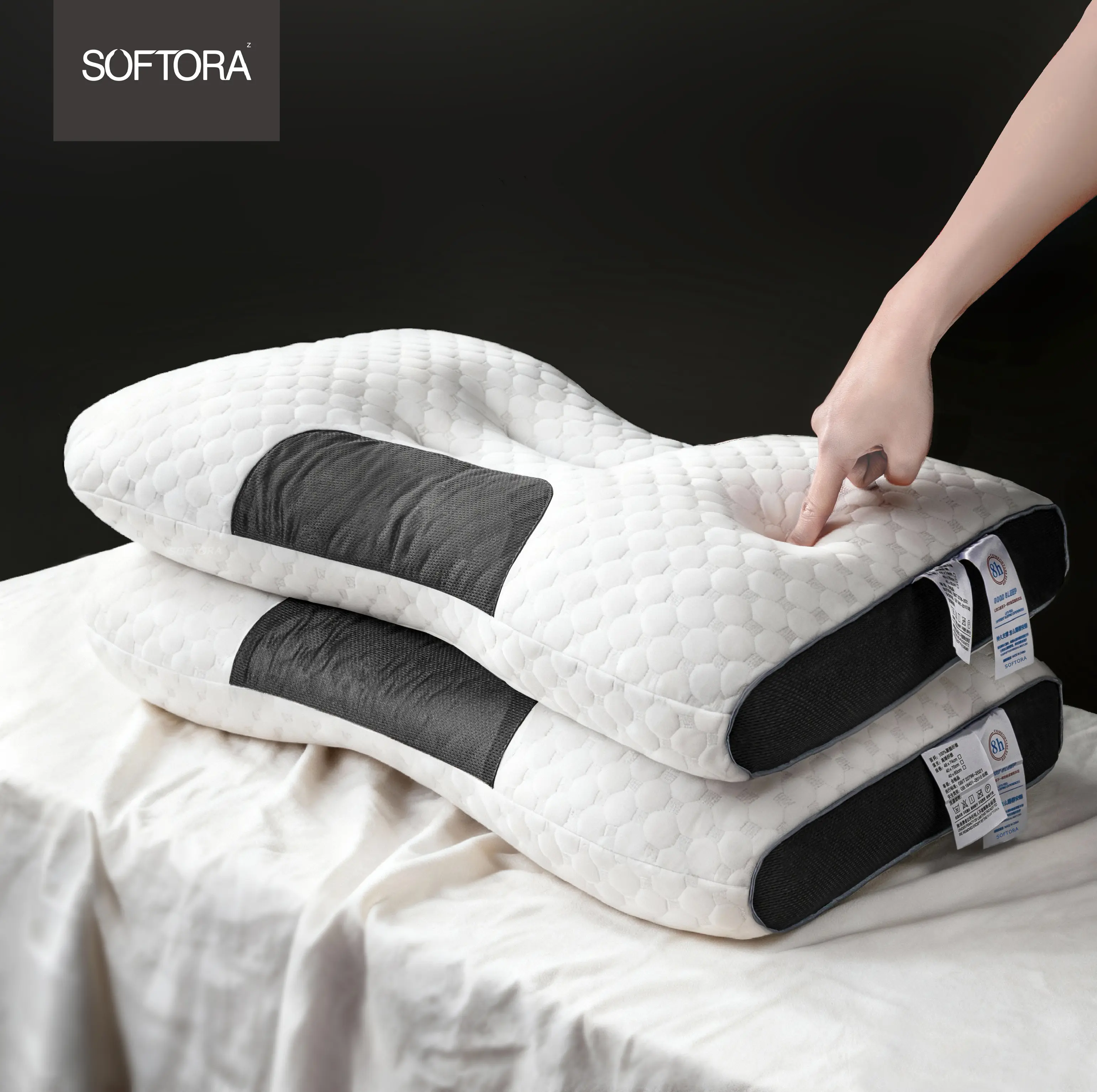 SOFTORA Ergonomic Orthopedic Durable Memory Foam Neck Pillow - Polyester Fill, 3D Knitted Fabric with Knit Texture, Fast Spring Back Thick Core, Cooling Sleep Relief, Breathable Sleeping Pillow