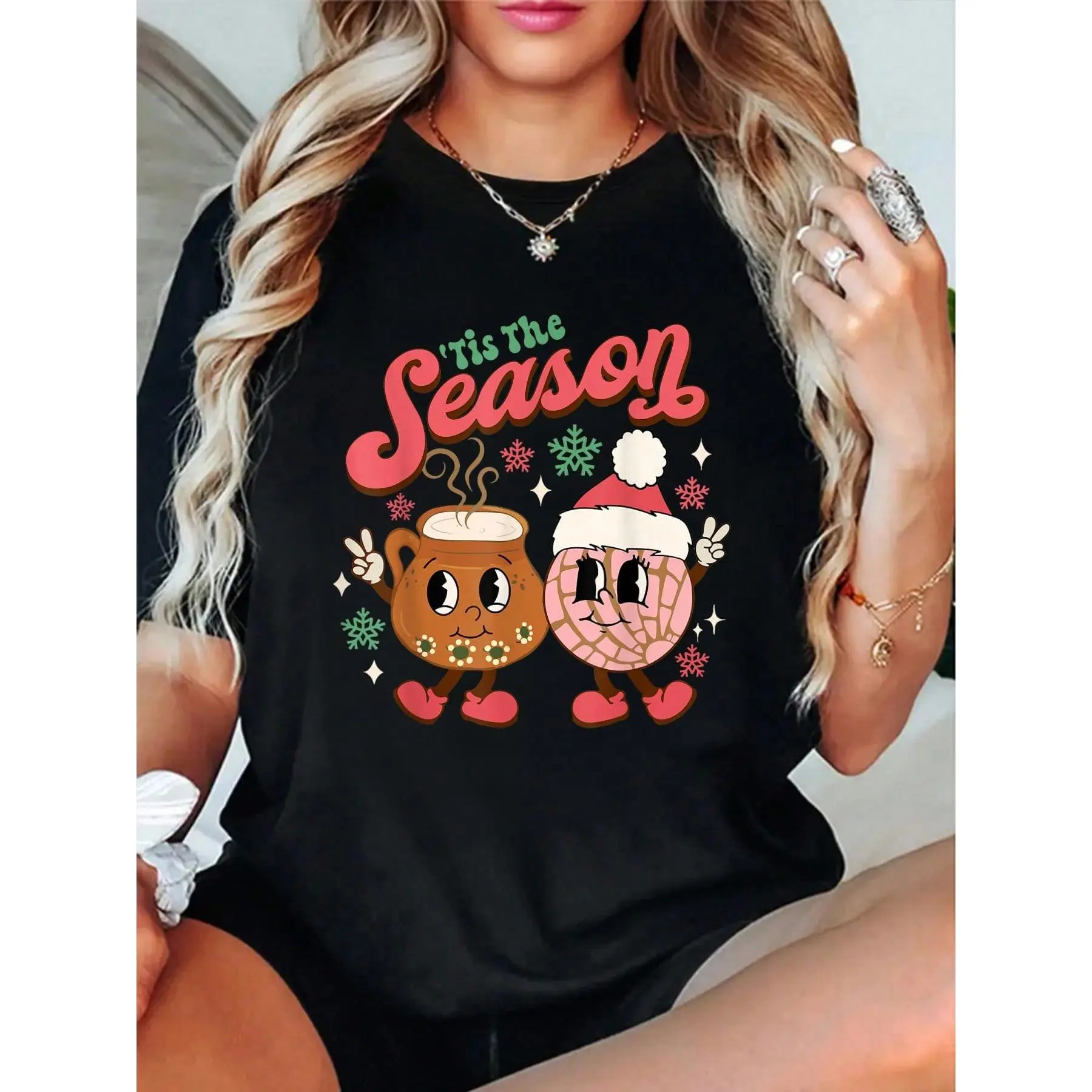 Fashion Christmas Tis The Season Mexican Concha Pan Dulce Christmas T-Shirt Cotton Women Clothing Christmas Clothes Black Top Graphic Tees Women