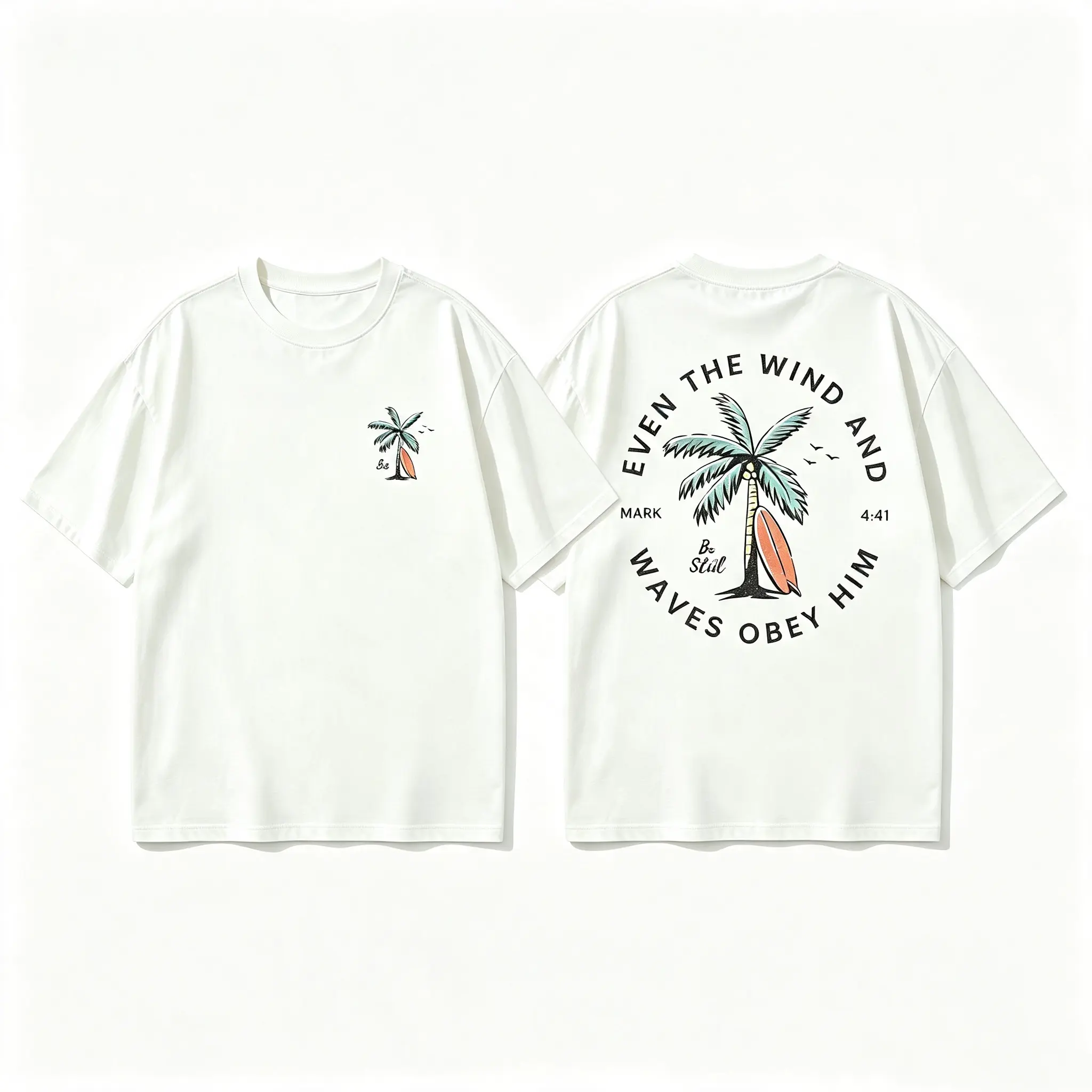 Christian Bible Verse Pattern T Shirt, Beachy Backprint Tops, Trendy Coconut Tree Shirt Unisex Tee Teen Baptism Gift Ocean Inspired Style Womenswear Printed