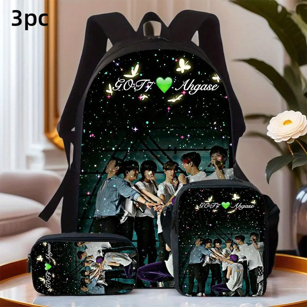 GOT7 Ahgase Fans Unisex 3-Piece Elementary School Set - Starry Sky Full Print 15-Inch Laptop-Fit Water-Resistant Oxford Backpack, Insulated Lunch Box, Basic Synthetic Zipper Pouch, Crossbody/Shoulder Bag Compatible, All Seasons