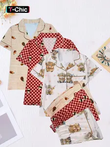 6-piece combination women's cute cow checkered printed knit short sleeved fitted shorts and pajamas set Nightwear suitable for all seasons with a collar top, comfortable and casual loungewear Homewear