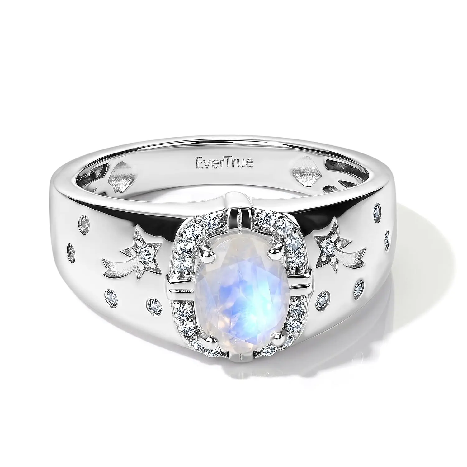 EverTrue Rainbow Moonstone and White Zircon 1.50 ctw Men''s Ring in Platinum Bond (Size 10.0)
