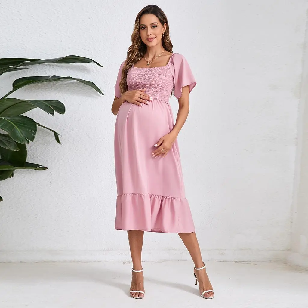 Women's Solid Color Chiffon Wrap Maternity Dress Short Sleeve Chiffon Dress