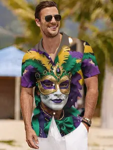 Men's 3D Fashion Summer Printed Spread Collar Shirt, Carnival Feather Mask Hawaiian Men's Casual Short-Sleeve Shirt, Suitable for Outdoor Outfit, Beach Vacation Travel, Lightweight and Breathable, Perfect Festival Gift for Men