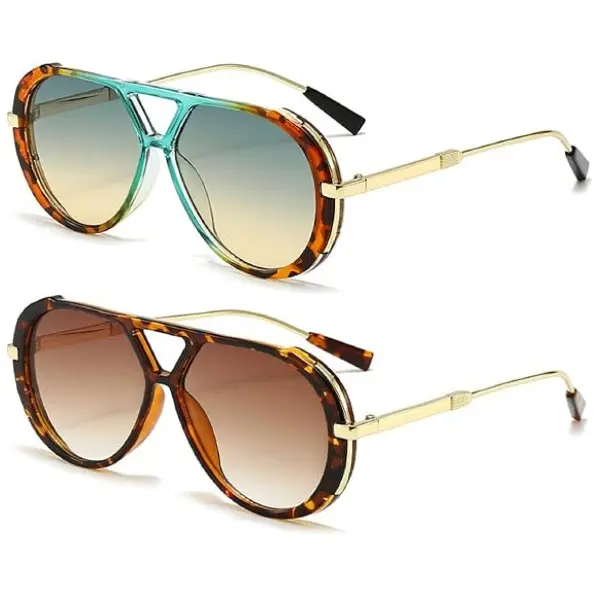 2PCS Trendy Oversized Aviator Sunglasses for Women Men 70s Retro Double Bridge Metal Aviators Sun Glasses