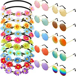20 Pieces Hippie Headband Glasses Costume Set Includes 10 Pieces Multicolor Daisy Flower Crown 10 Pieces Round Hippie Sunglasses for Festival
