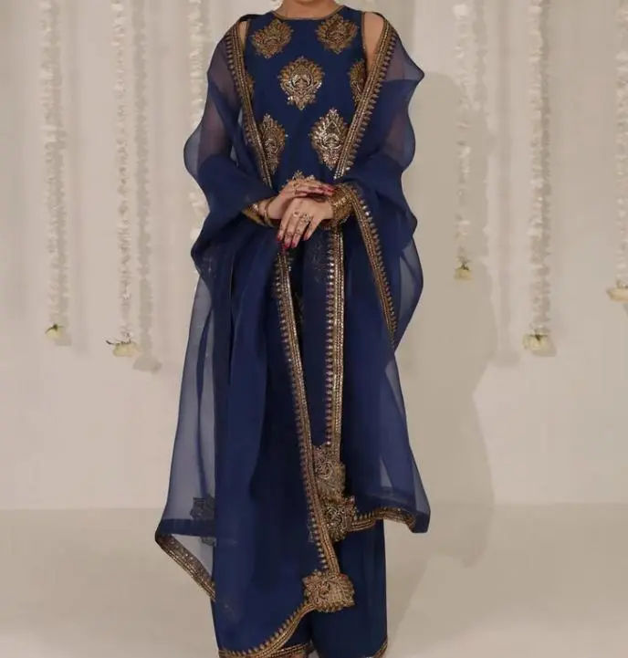 Women's Embroidered 3-Pc Traditional Salwar Kameez Set - Long Sleeve Lawn Fabric Shirt, Farshi Shalwar, Organza Tassel Detail Dupatta, Gold Embroidery, Breathable Fit, Solid Navy Ethnic Costume