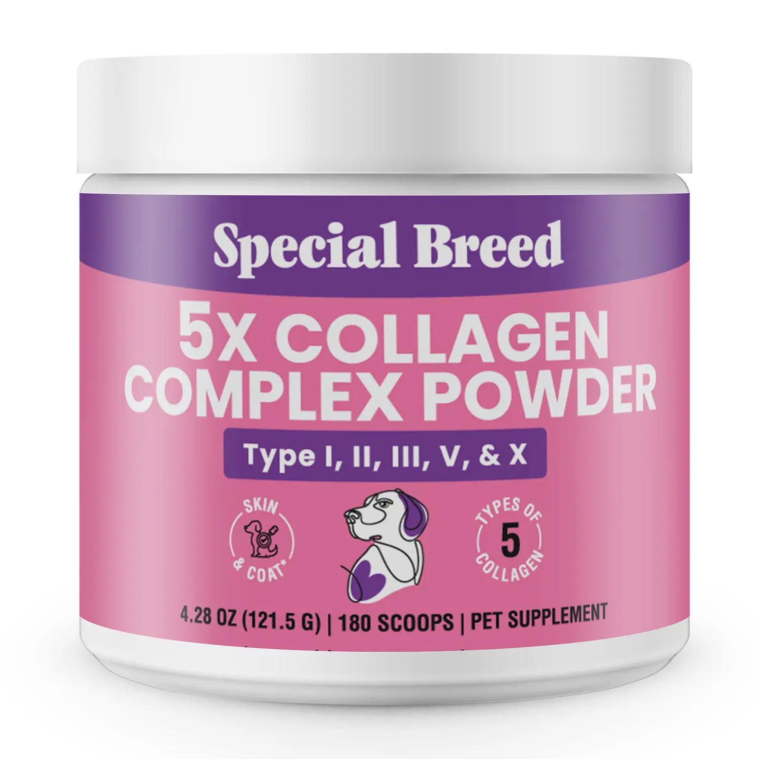 Premium 5X Dog Collagen Powder - 5 Types (I,II,III,V,X) - Hip & Joint Care, Gut Support, Coat Shine - Contains Bamboo & Vitamin C, 180 Scoops, 4.28 oz