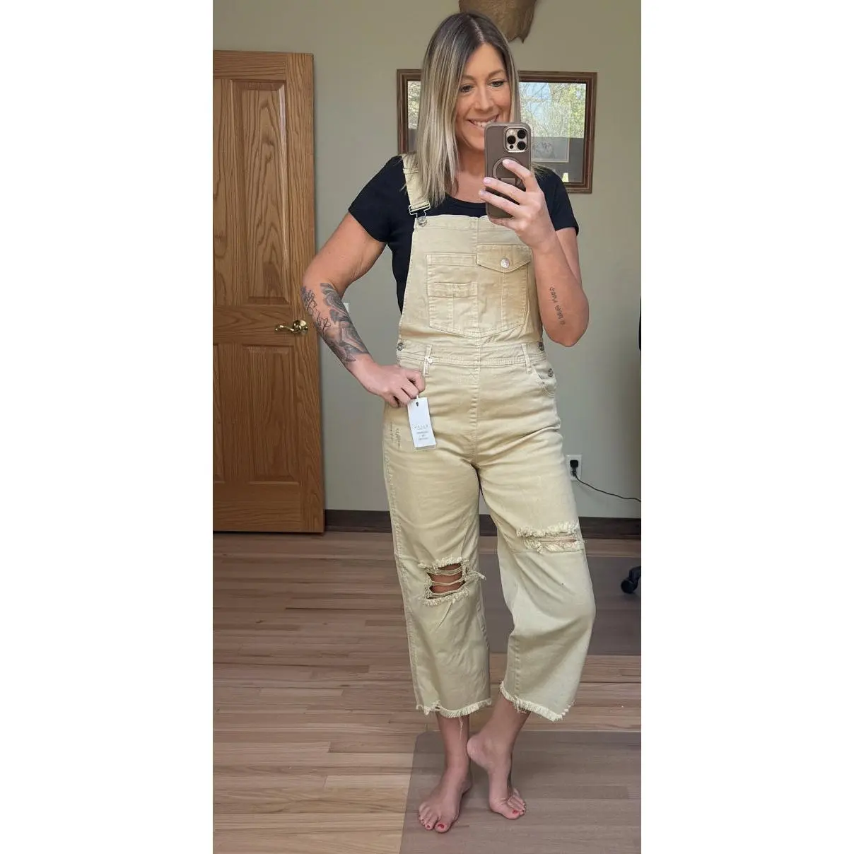 Risen High Rise Distressed Denim Overalls