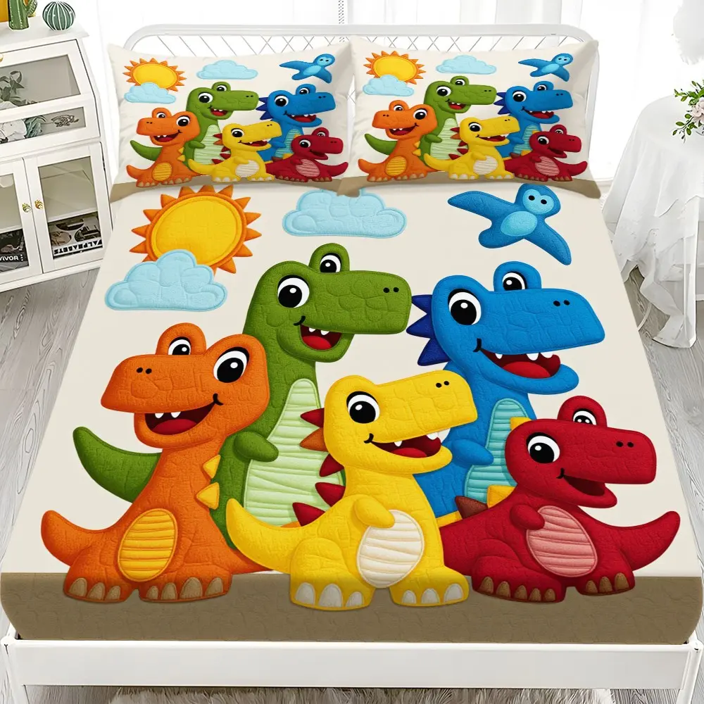 Cartoon Dinosaur Print Bed Sheet Set for Kids, 3-Piece Polyester Fabric, Includes Pillowcases, Washable, Cute and Fun Design, Vibrant Prints, Cartoon Printed Bedding, Bedding Set