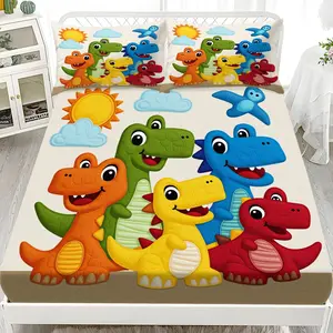Cartoon Dinosaur Print Bed Sheet Set for Kids, 3-Piece Polyester Fabric, Includes Pillowcases, Washable, Cute and Fun Design
