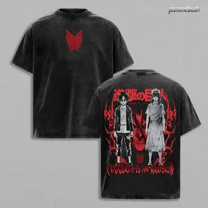 Eren Jaeger x Founding Titan x Attack on Titan Anime Double Printed Vintage Washed Tee Unisex Oversize Heavyweight Cotton T-shirt for Anime Fans and Lovers