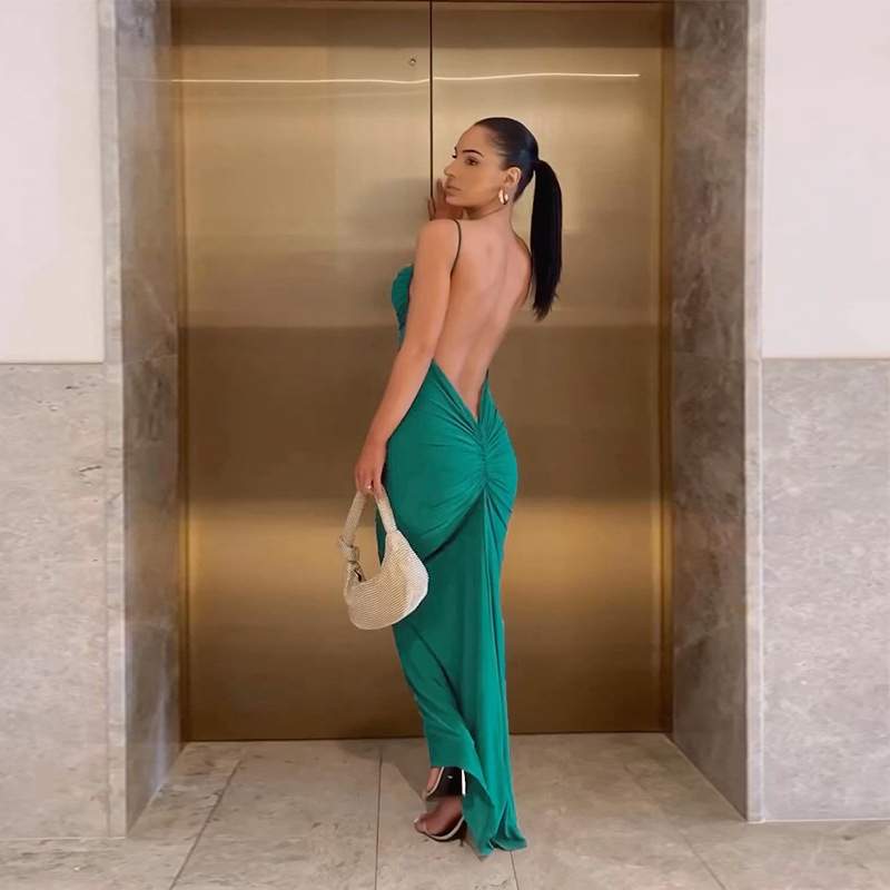 Backless Pleated Sheath Women's Leisure Vacation Long Dress