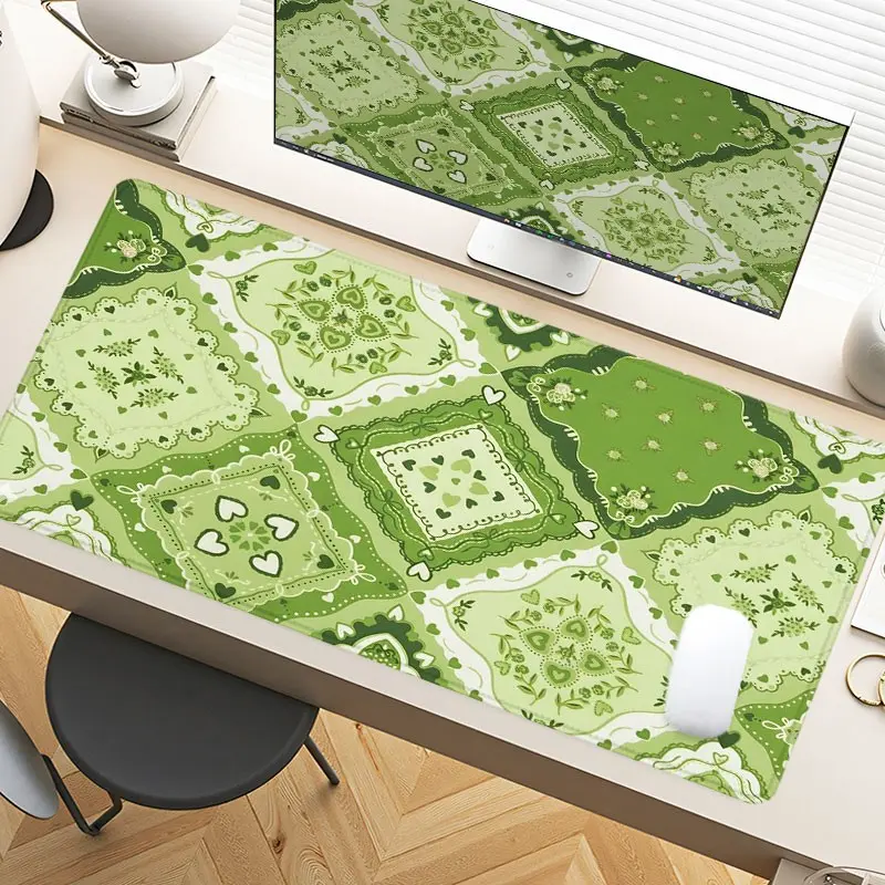 Emerald Green Vintage Geometric Desk Pad Gaming Mousepad XXL Mouse Pad For Laptop Desk Mouse Pad Extra Large With Non-Slip Rubber Base Stitched Edges Surface For PC Gamers Office Workers & Home Use