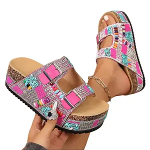 Women's Bohemian Rhinestone Platform Sandals 2026 Double Buckle Chunky Thick Sole Bling Sparkly Summer Beach Festival Roman Shoes for Girl Footwear
