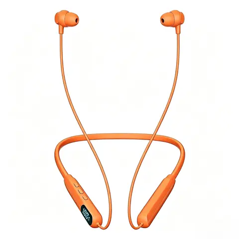 Orange Neckband Wireless In-Ear Headset - IPX4 Water Resistant Bluetooth Earbuds, Silicone Design, LED Battery Display, Magnetic Hi-Fi Stereo Audio, Cable Management, ENC, Smart Voice Assistant, Digital Connection for Sports & Laptop Use, Hand-Free Calls