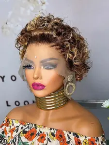Highlight Short Pixie Cut Wig, Transparent 13x4 Lace Frontal, Short Curly Human Hair Wigs for Women, Deep Wave Lace Front Wig, Lace Front Bobs