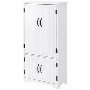 White farmhouse pantry cabinet 48.5 inch tall for small kitchen beadboard doors black metal handles adjustable shelves inside