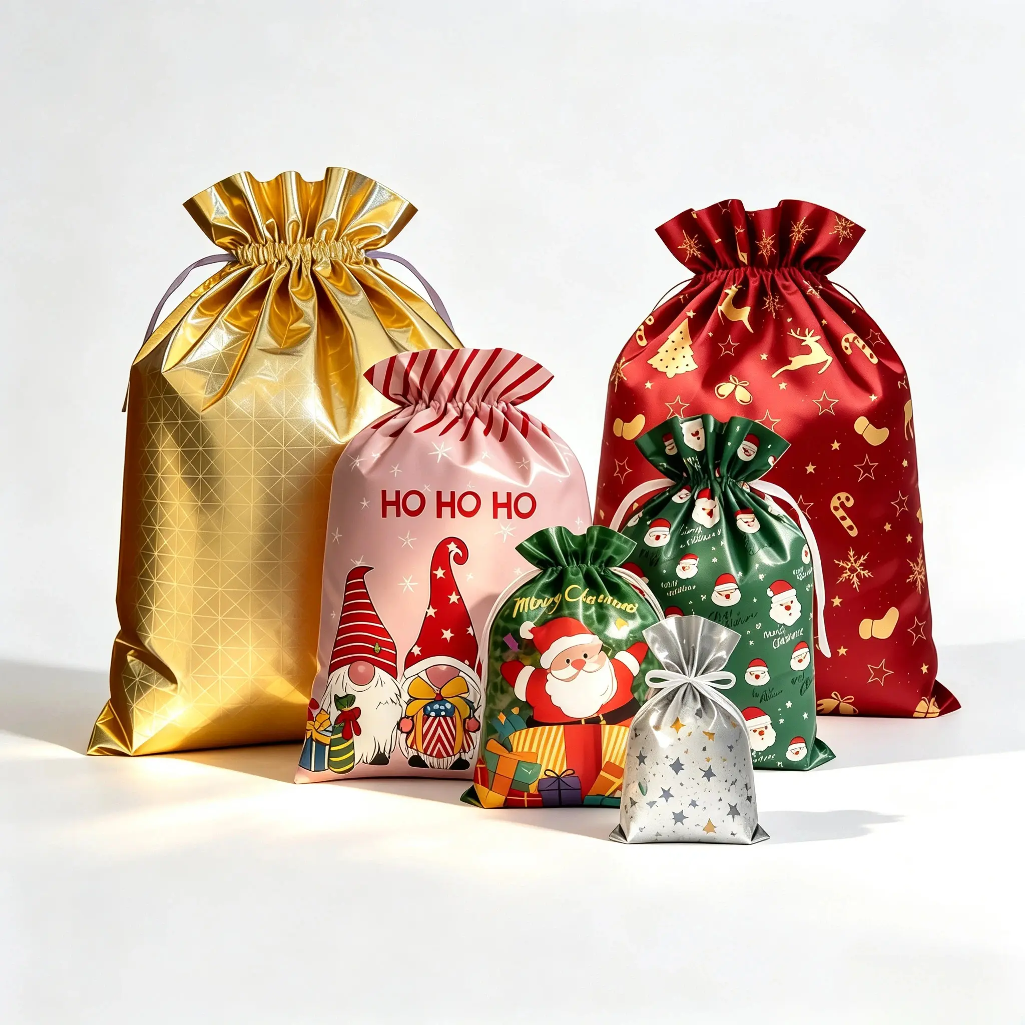 Colorful Christmas Drawstring Gift Bags, 54Pcs with 6 Designs, Assorted Sizes (Large, Medium, Small) for Holiday Wrapping, Party Favors & Presents - Office & Holiday Gift Wrapping Supplies