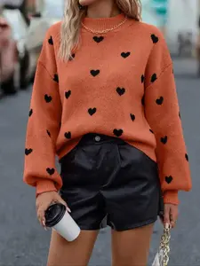 Women's Heart Print Drop Shoulder Sweater Medium Fit, Casual Chic Long Sleeve Mock Neck Jumper for Fall & Winter, Fashion Women's Knitwear for Daily Wear