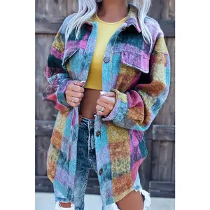 Multicolor Brushed Plaid Pocketed Oversize Shacket
