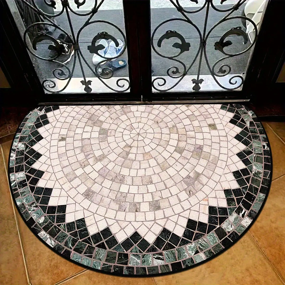 Half Moon Welcome Mat, Vintage Mosaic Marble Design, Non-Slip Outdoor Rug, Soft Plush Machine Washable Carpet for Entrance and Living Areas, Home Decorative Rug, Unique Design Rug