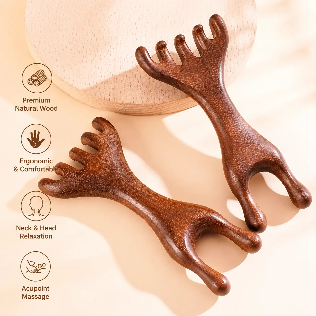 2 Counts, Sandalwood Dual-ended Massage Comb, Smooth Polished Wooden Tool for Scalp Neck Face Full Body Massage