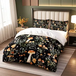 3pcs Bedding Set (one Fitted Sheet Two Pillowcases) Mushroom Pattern, Soft Skin-Friendly No Pilling, Fall Winter Warm Spring Summer Breathable