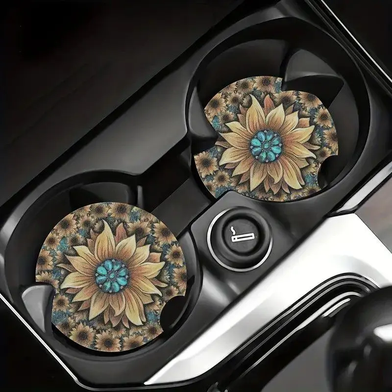 Round Car Coaster, 2 Counts Flower Pattern Car Insulated Cup Holder Pad, Anti-slip Car Interior Decoration Accessories, Aesthetic Car Accessory