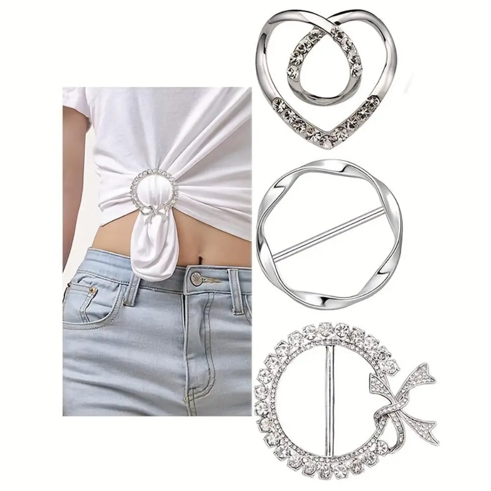 Rhinestone Decorated Scarf Ring Clip, 3 Counts/set Clothes Corner Knotted Button for Women, Metal Round Circle Design Shirt Clip Buckle, Sewing Access