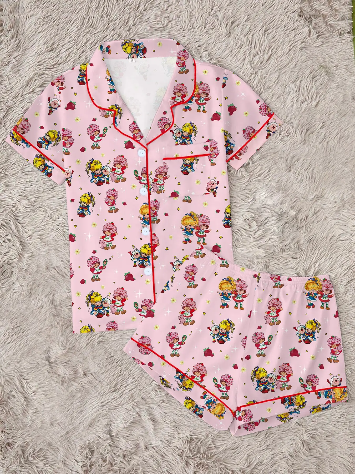 Cartoon Strawberry Girl Rainbow Print Women's Pajama Set Pyjamas, Short-Sleeve Button-Up Top and Elastic Shorts, Comfortable Loungewear Nightwear for Sleep or Wearing Outside