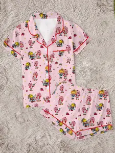 Cartoon Strawberry Girl Rainbow Print Women's Pajama Set, Comfortable Wear-Outside Sleepwear, Short Sleeve Button-Up Top and Elastic Shorts