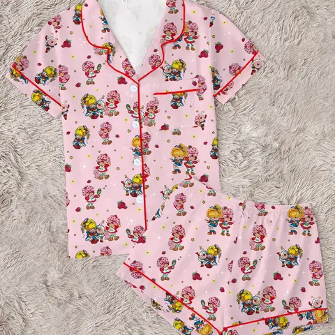 Cartoon Strawberry Girl Rainbow Print Women's Pajama Set, Short-Sleeve Button-Up Top and Elastic Shorts, Comfortable Loungewear Nightwear for Sleep or Wearing Outside, Sleepwear Set