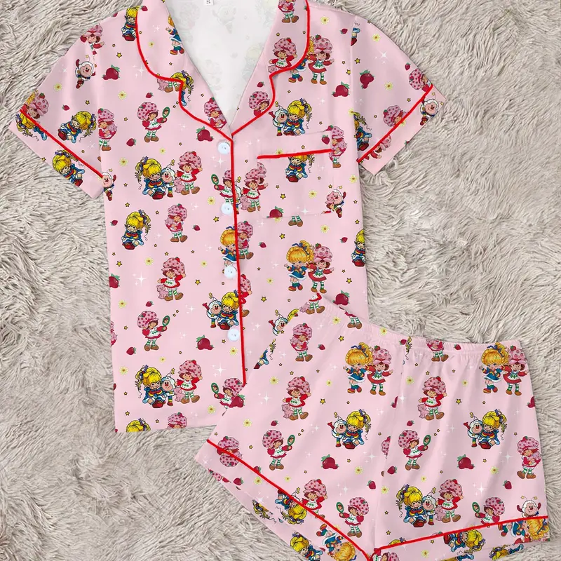 Cartoon Strawberry Girl Rainbow Print Women's Pajama Set, Short-Sleeve Button-Up Top and Elastic Shorts, Comfortable Loungewear Nightwear for Sleep or Wearing Outside, Sleepwear Set