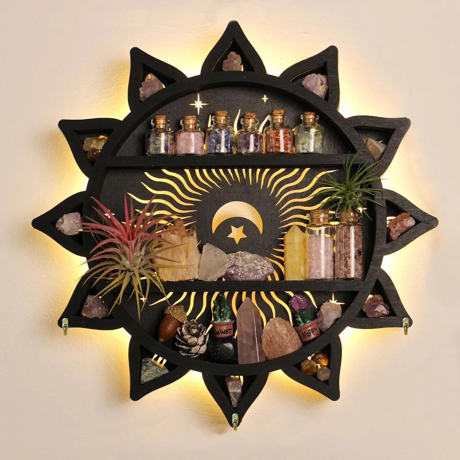 Chakra Lotus Flower Crystal Display Shelf with LED Light, Witchy Home Decor Boho Decorative Wall Mounted Trinket Shelf Wooden Sun Moon Shelf Rock Case Stone Storage Floating Hanging Holder FNYDOX
