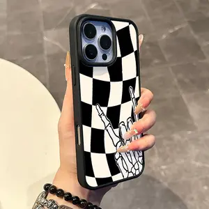 Chic Magnetic Case for iPhone11/12/13/14/15/16/17/promax Skeleton Hand Checkerboard MagSafe Ready, Anti-Slip, Ultra Thin | Aesthetic Touch for Daily Use