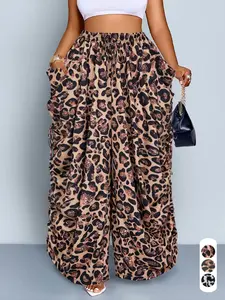 Leopard Print Wide Leg Pants for Women High Waisted Ruched Drawstring Loose Baggy Cargo Pants Comfy Trousers