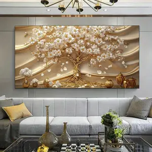 1pcs framed canvas painting, large canvas art, modern golden tree white flowers canvas painting for living room modern canvas poster, suitable for living room, bedroom office decoration.