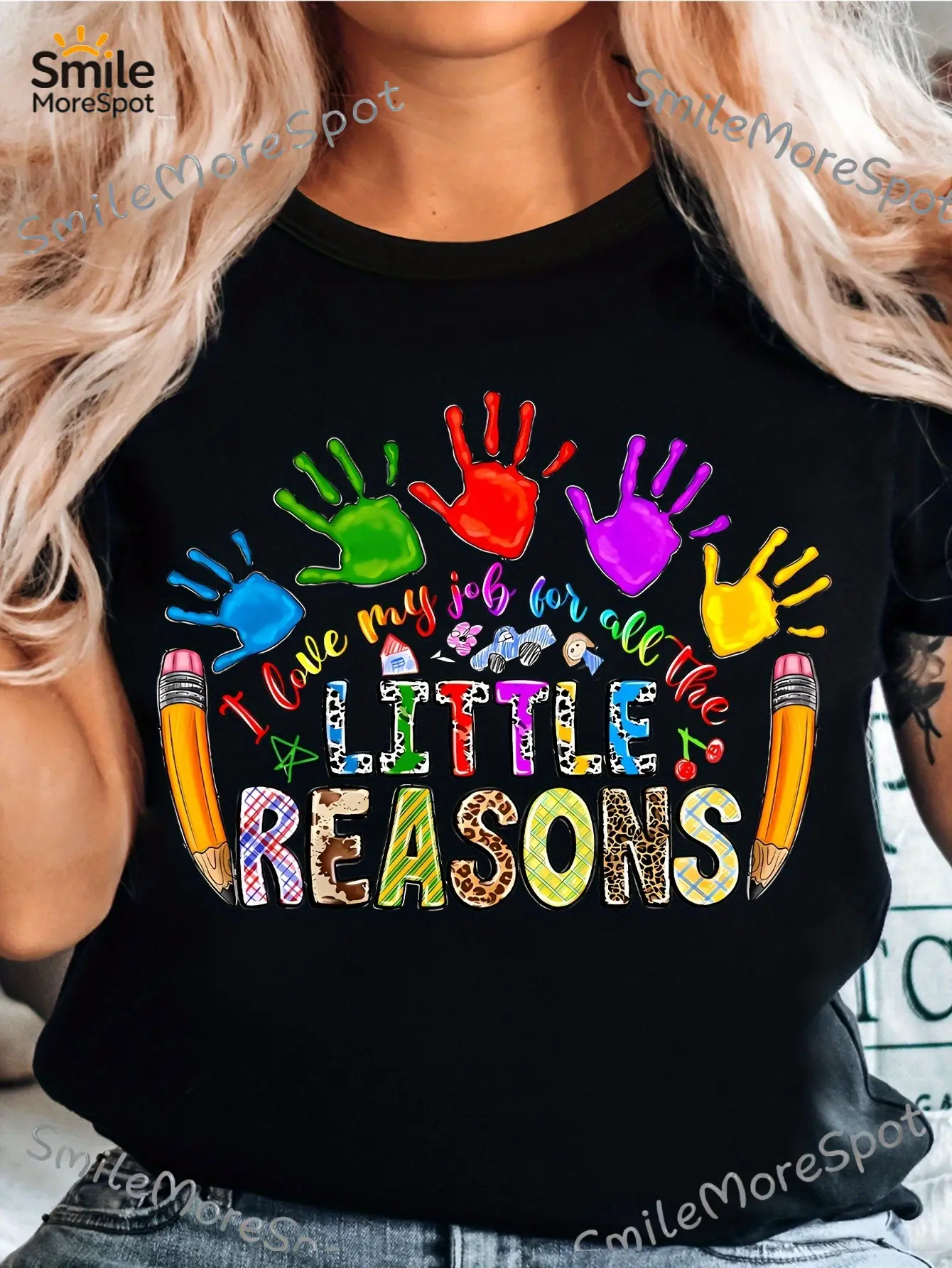 Teacher Apparel for Women - Adorable Educator Tee Featuring Vibrant Handprints And The Phrase "I Love for All The Little Reasons I Work" - Comfortable Everyday Top for Educators And Staff - Ideal Gift Teacher Tee Stylish Design
