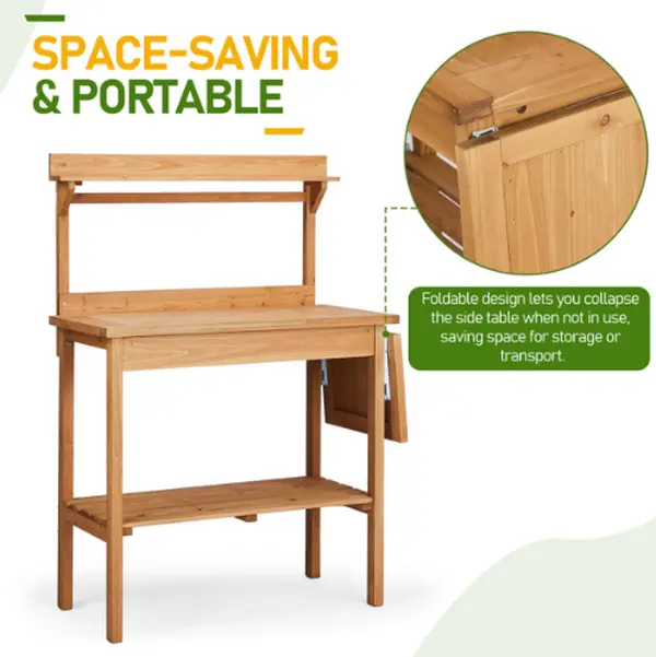 SENROB Foldable Stable Natural Wood Outdoor Garden Potting Bench Table - Metal Tabletop Horticulture Planting Workstation with Storage Shelves, Folding Pallet, Home Organizer Storage Rack