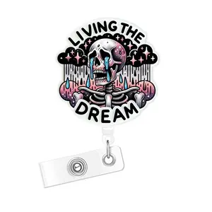 Live the Dream Badge Reel, Cute Skull Badge Clip Retractable with ID Holder, Nurse Work Accessories, Fun Rn Flashing Badge Roll with Belt Clip