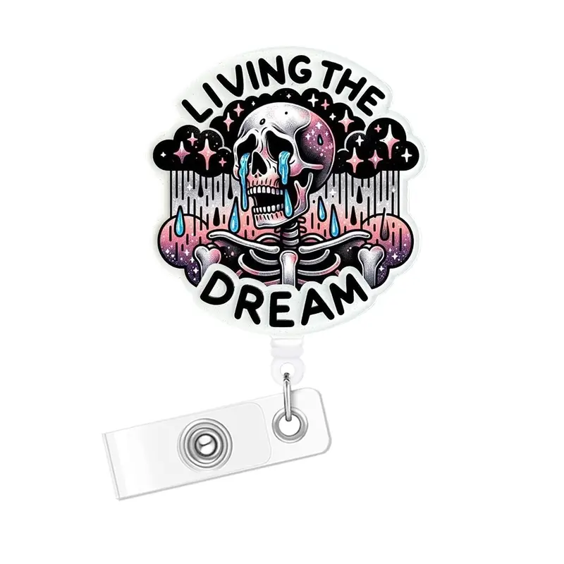 Live the Dream Badge Reel, Cute Skull Badge Clip Retractable with ID Holder, Nurse Work Accessories, Fun Rn Flashing Badge Roll with Belt Clip