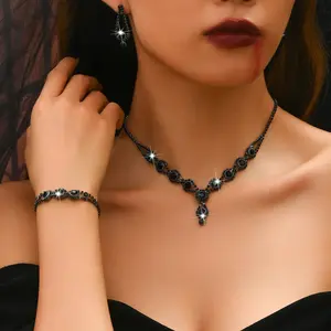 4PC Elegant Black Bridal Necklace Earrings Bracelet Necklace Set