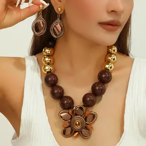 Edgy Wild Brown & Gold Floral Statement Jewelry Set, a bold retro chunky beaded necklace earrings set for fashion-forward women who love to stand out, perfect as a standout gift for confident, style-driven friends or loved ones.
