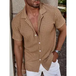 Men's Solid Color Hollow Out Short Sleeve Shirt, Casual Button Collared Regular Fit Casual Comfy Breathable Collared Top for Summer, Men's Clothes for Daily Wear