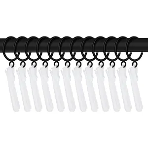 INOVADAY 14 Pack Black Curtain Rings with Eyelet & Adjustable Pinch Pleat Curtain Hooks, Metal Drapery Rings and Plastic Ratchet System Hooks for Drapes, 1.5inch Internal Diameter