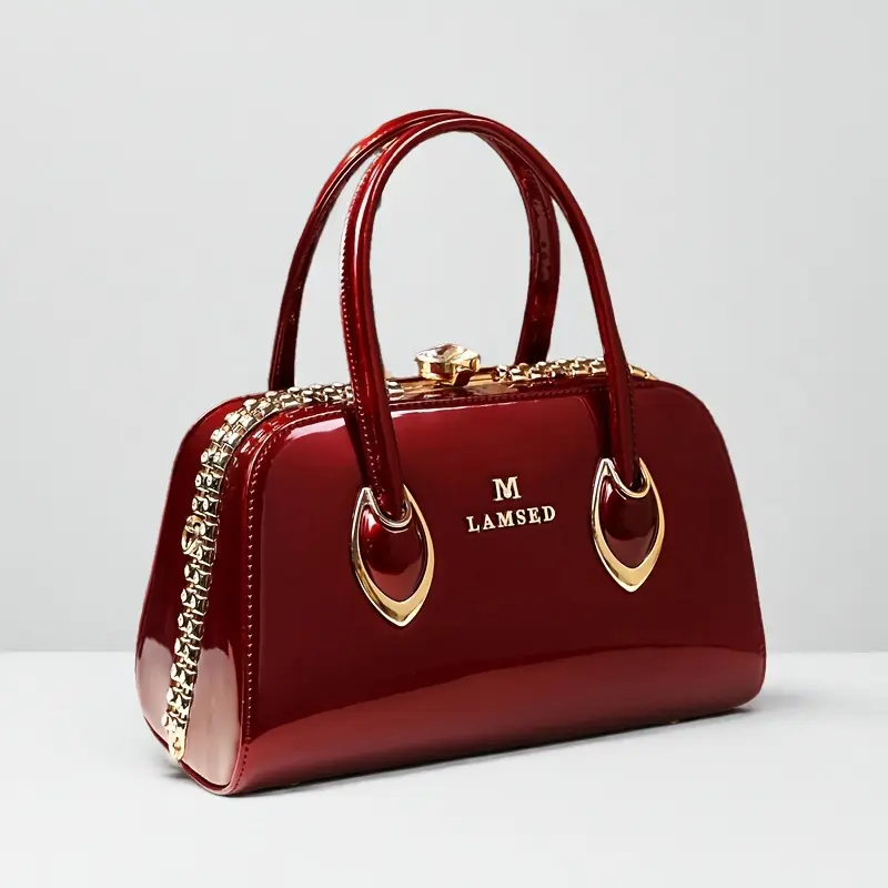M.LAMSED Elegant Classic Satchel Bag M.LAMRED Rhinestone Embellishments Golden-Tone Accents Glossy Finish Polyester Lined Non-Washable Available in Burgund bags women brand name handbags sale