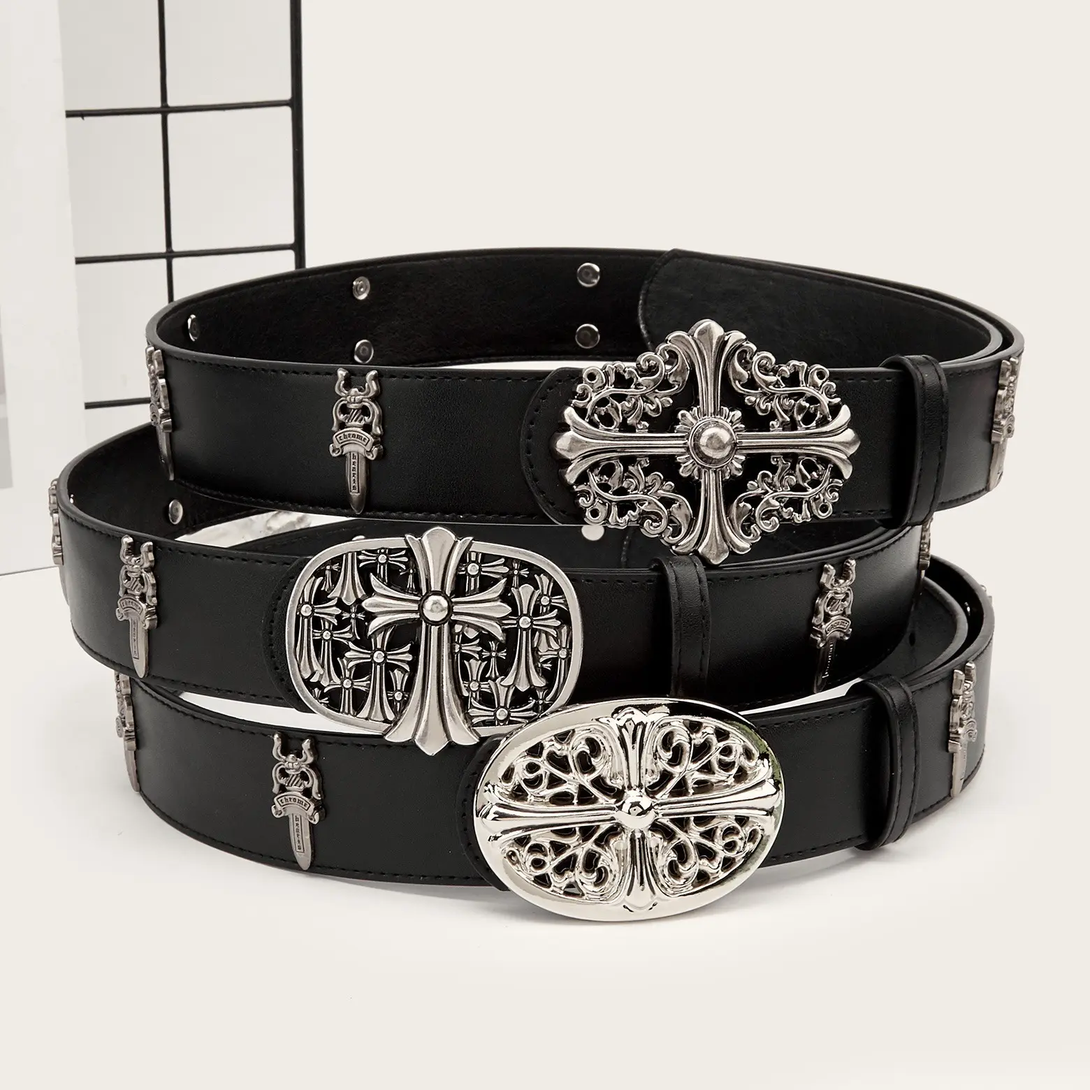 Gothic Punk Faux Leather Skinny Belt with Sword Cross Buckle, Adjustable Accessory for Jeans & Party Wear, Punk Fashion Belt, Adjustable Belts